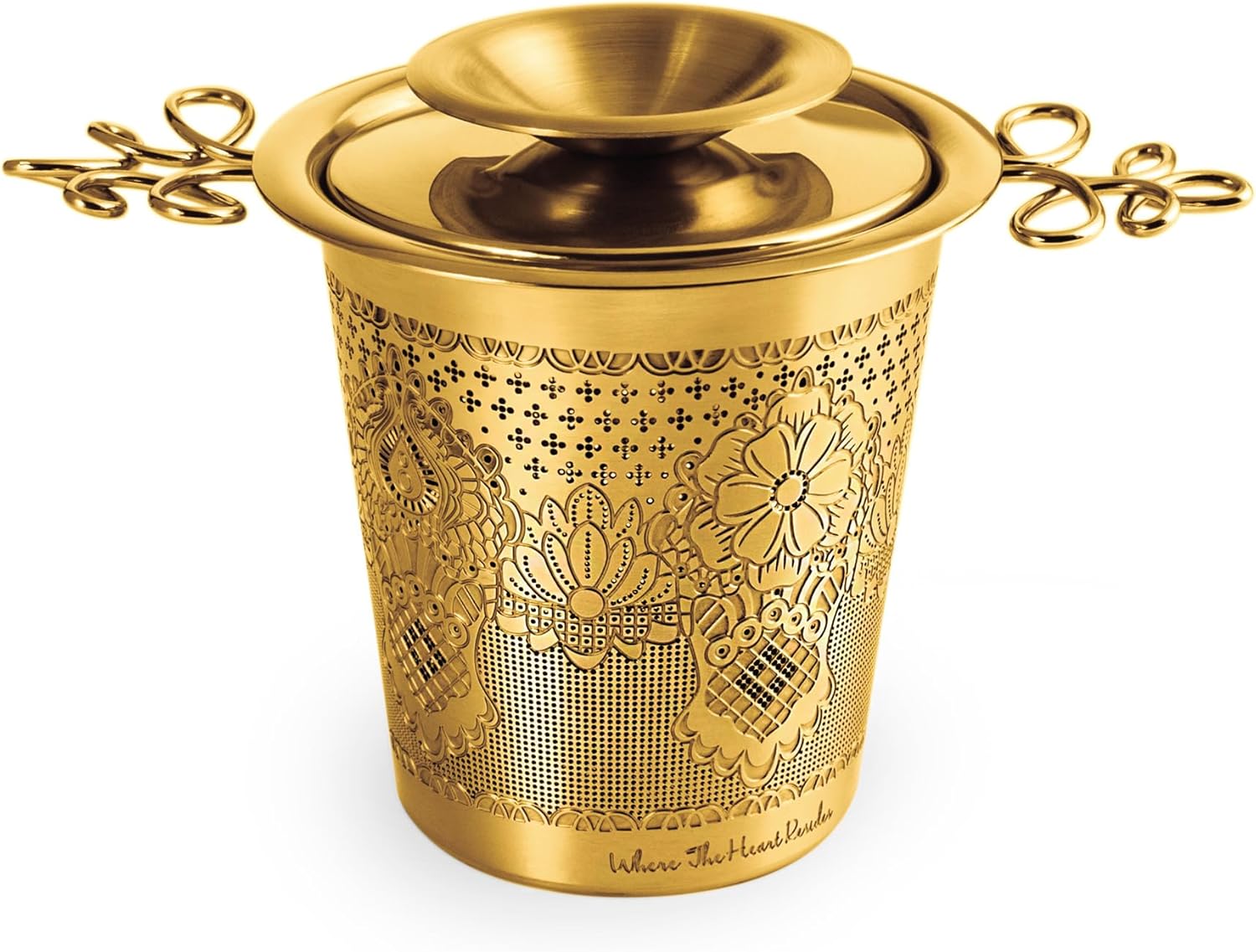 Premium Stainless Steel Tea Infuser Basket Gift Set - Gold Plated Loose Leaf Tea Steeper with Floral Engraved Lid, Stand & Fine Mesh Filter | Best Tea Strainer for Tea Lover