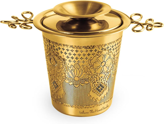 Premium Stainless Steel Tea Infuser Basket Gift Set - Gold Plated Loose Leaf Tea Steeper with Floral Engraved Lid, Stand & Fine Mesh Filter | Best Tea Strainer for Tea Lover