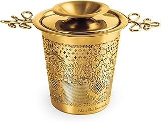 Premium Stainless Steel Tea Infuser Basket Gift Set - Gold Plated Loose Leaf Tea Steeper with Floral Engraved Lid, Stand & Fine Mesh Filter | Best Tea Strainer for Tea Lover