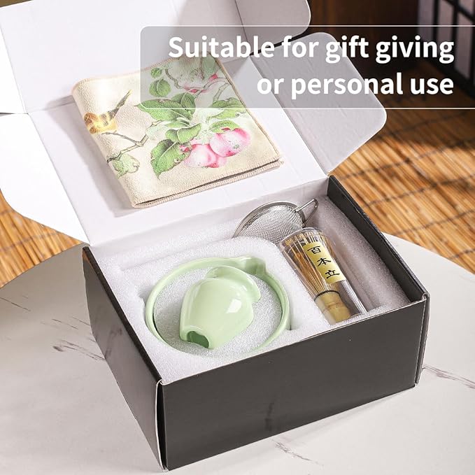 Matcha Set, 8-Piece Ceramic Matcha Bowl & Whisk Kit with Mushroom Pattern, Traditional Japanese Chawan, Bamboo Chasen, Scoop & Sifter, Gift for Tea Lovers, Zen Tea Ceremony Accessories (green)