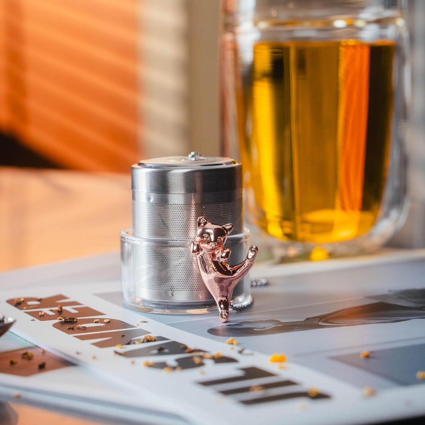 Cat Tea Infuser Stainless Steel with Secure Clip Rose Gold Kitty - Cute Animal Tea Ball Strainer, Reusable Loose Leaf Infuser w/Hanging Clip &amp; Glass Holder Gift for Tea Lovers