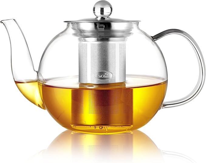 CNGLASS 40oz Glass Teapot with Removable Infuser,Clear Tea Kettle Stovetop Safe,Blooming and Loose L