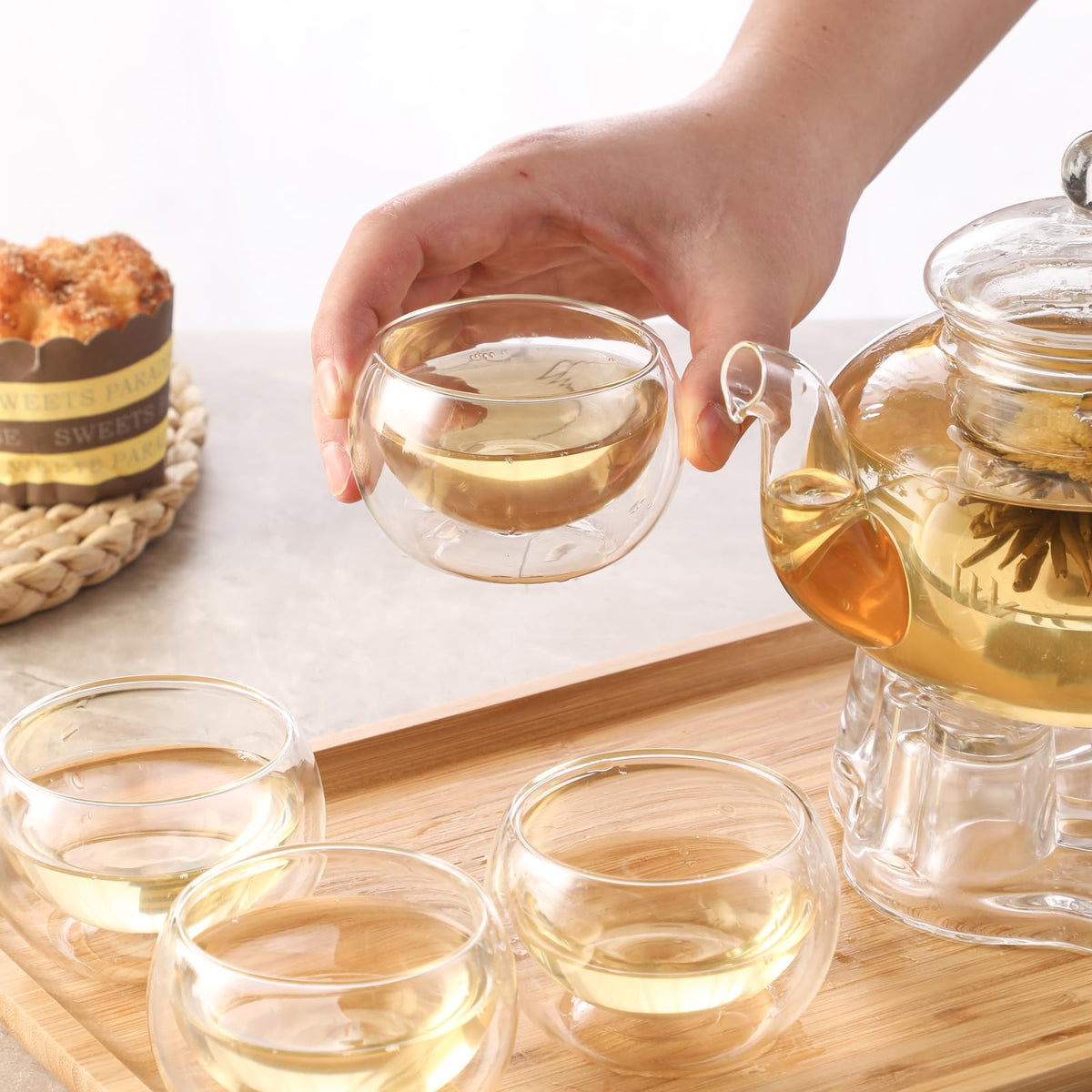 GURUDAR Glass Teapot Set, 34OZ/1000ML Glass Tea Kettle with Loose Tea Infuser & Warmer, 5OZ/150ML Double-Wall Tea Cup Set of