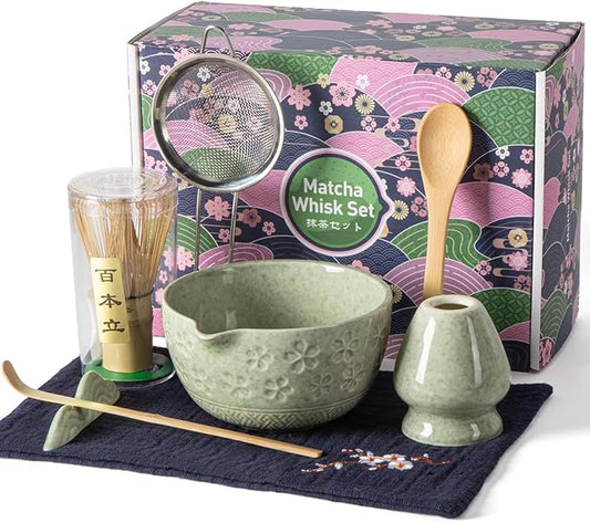 Green Sakura Matcha Whisk Set, 8 PCS Green Sakura Matcha Set Kit, Japanese Ceremonial Matcha Set Whisk and Bowl with Spout, Matcha Gift/Accessories