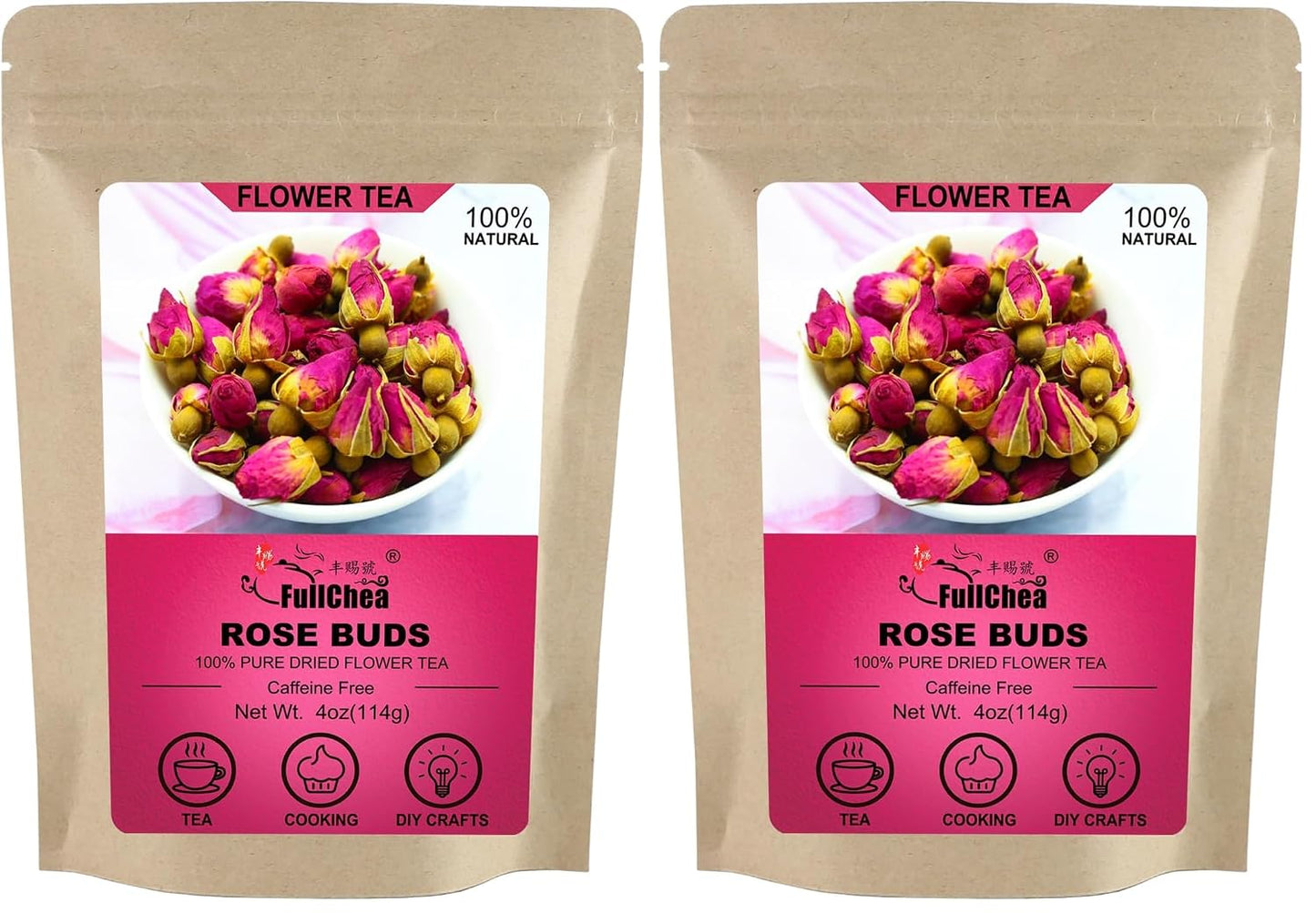 FullChea - 100% Pure Natural Dried Rose Buds - 4oz/114g - Premium Food-grade Fragrant Rosebuds Dried Flowers - Perfect Choice For Rose Tea, Baking, Crafting, Soap Making (Pack of 2)