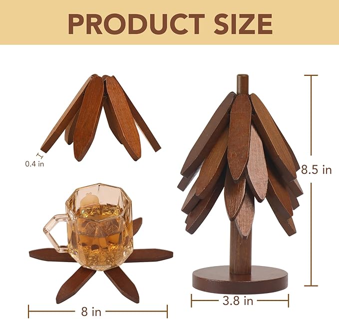 Tree Shape Bamboo Trivet Kitchen Decor Tree Shaped Holder Beech Wood Foldable Design Hot Dishes, Pot, Teapot, Plates, Bowls (Beech-3)