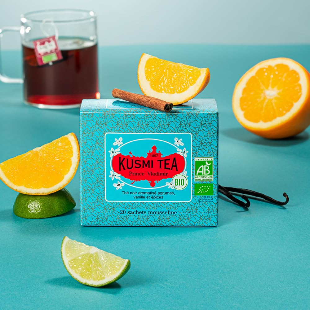 Kusmi Tea - Prince Vladimir - Organic Earl Grey Black Tea with Orange - Flavored with Citrus, Cinnamon, Bergamot, Vanilla & Spices - Caffeinated Tea - 20 Tea Bags