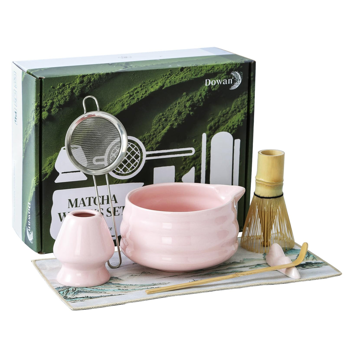DOWAN Matcha Whisk Set, 7 Pcs Matcha Set Includes Bowl with Spout, Whisk and Holder, Bamboo Scoop and Holder, Sifter and Tea
