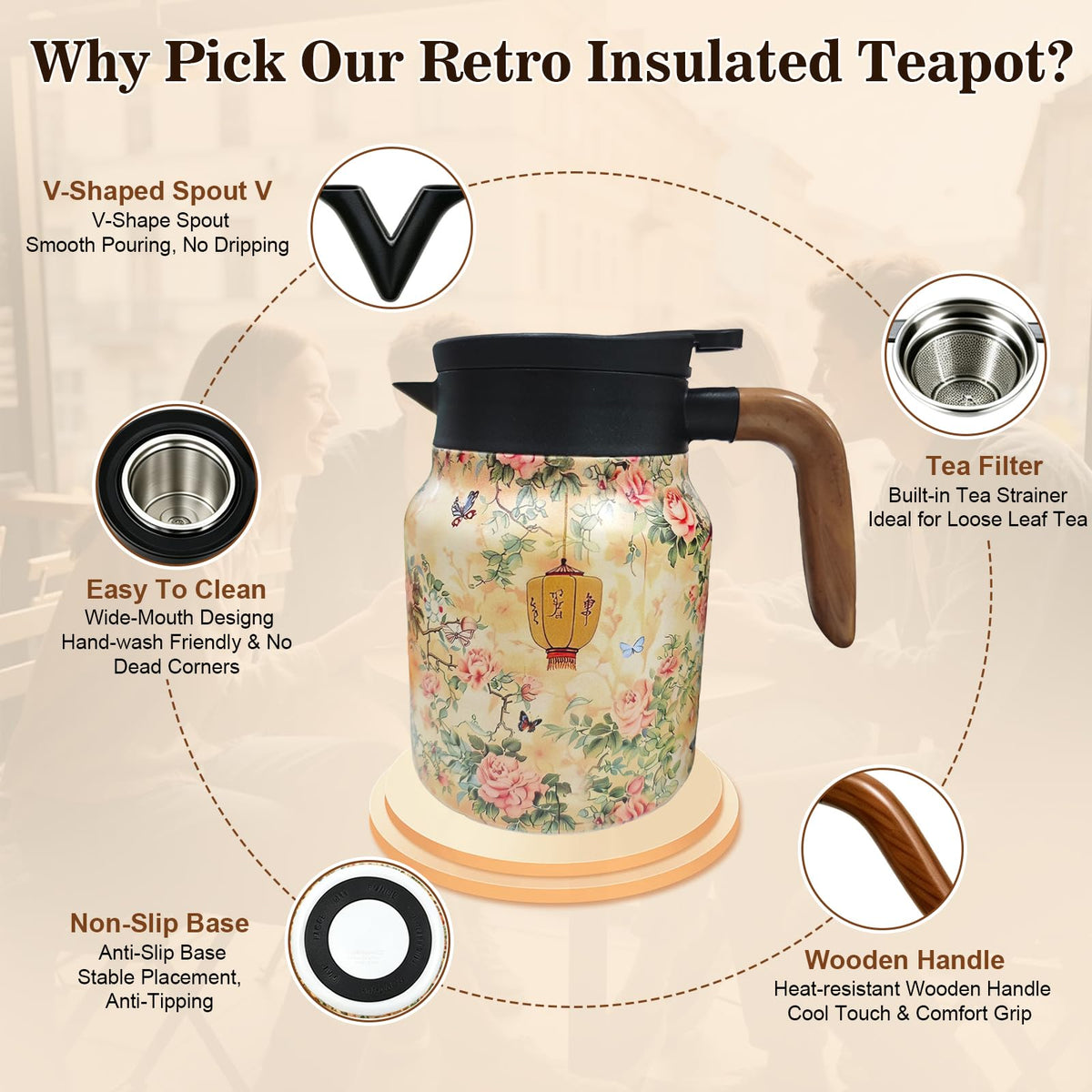 wurgocy Vintage Teapot with Infuser, 35 oz Insulated Tea Pot for Loose Leaf Tea