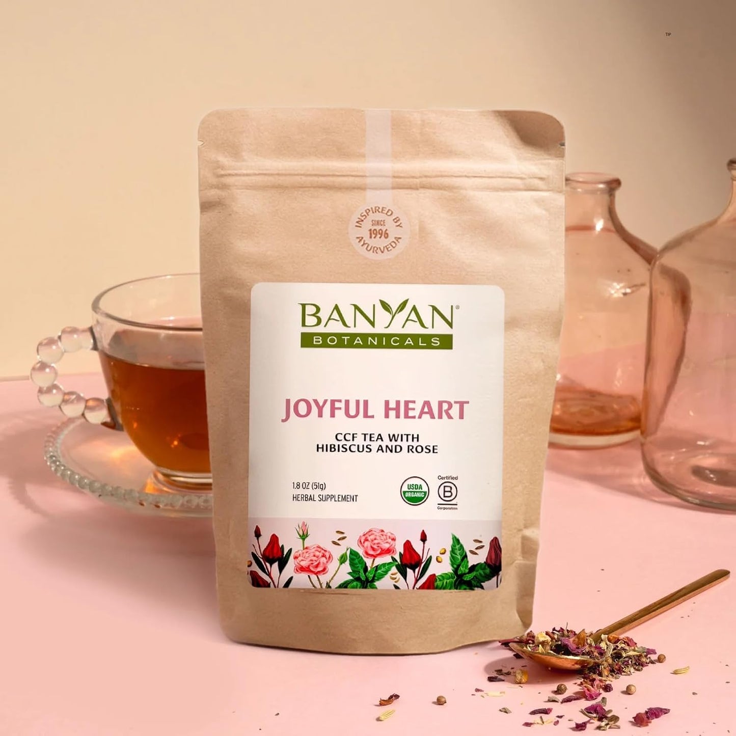 Banyan Botanicals Joyful Heart CCF Tea – Loose Leaf Organic Herbal Tea – Uplifting and Aromatic CCF Tea with Hibiscus, Tulsi, and Rose – 1.8 oz. – Non-GMO Sustainably Sourced Herbal Loose Leaf Tea