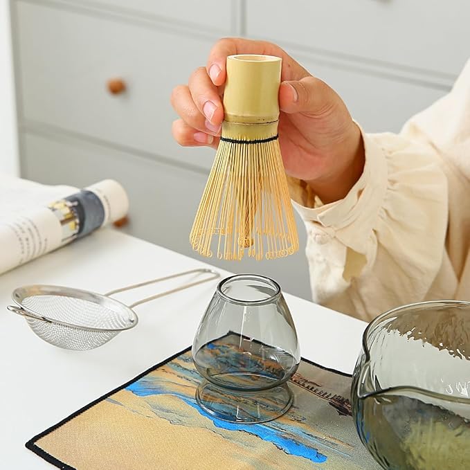 7 Pcs Matcha Whisk Set, Matcha Set Includes Matcha Bowl, Bamboo Matcha Whisk and Holder, Bamboo Scoop, Scoop Holder, matcha sifter and Tea Towel - Matcha Kit for Matcha Lovers (black)