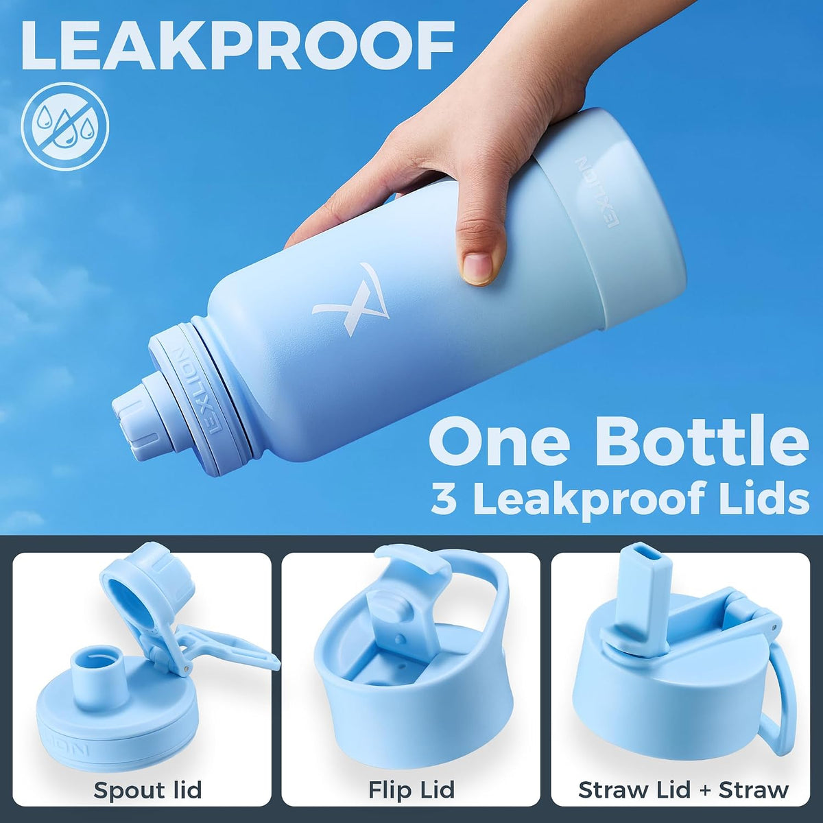 Lexlion Tea Infuser Water Bottle 32 Oz – Triple Wall Insulated Stainless Steel, Loose Leaf &amp; Fruit Strainer, 3 Leakproof Lids, BPA-Free Silicone Sleeve, Reusable Thermal Mug
