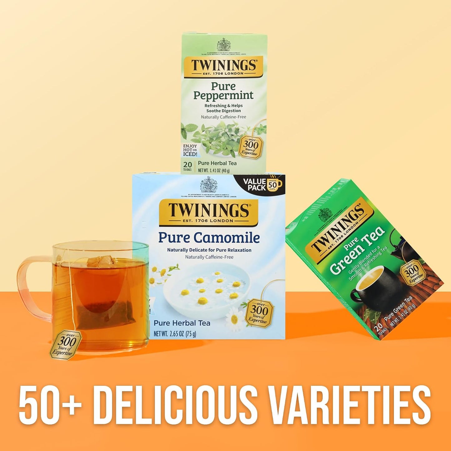 Twinings Pure Peppermint Herbal Caffeine-Free Tea Bags, 20 CT Box (1 Pack) | Fresh Minty Flavour, Soothes Digestion, Naturally Caffeine-Free, 20 Foil Lined Individually Wrapped Bags, Enjoy Hot or Iced