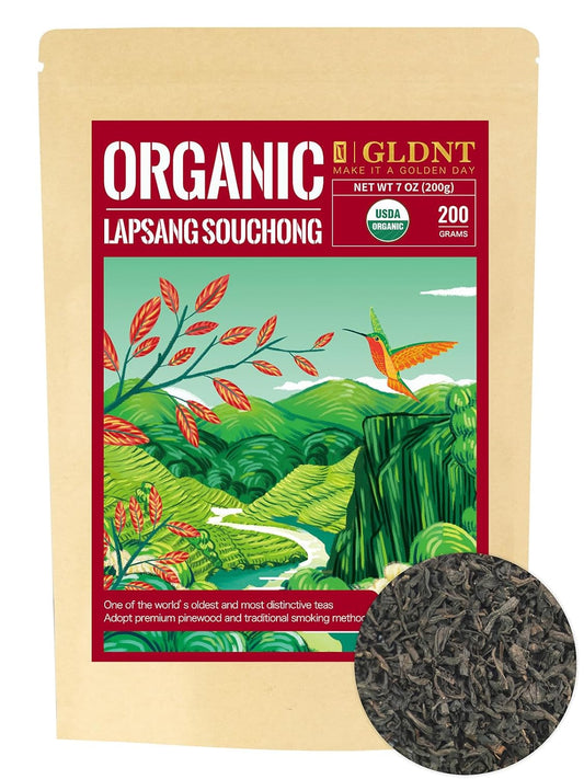 GLDNT Organic Lapsang Souchong Tea, Chinese Smoked Black Tea Loose Leaf 7oz | Rich Smoky Aroma, Full-Bodied &amp; Smooth Flavor, Caffeinated, Gluten Free, Hot or Iced, Resealable Foil-Lined Bag