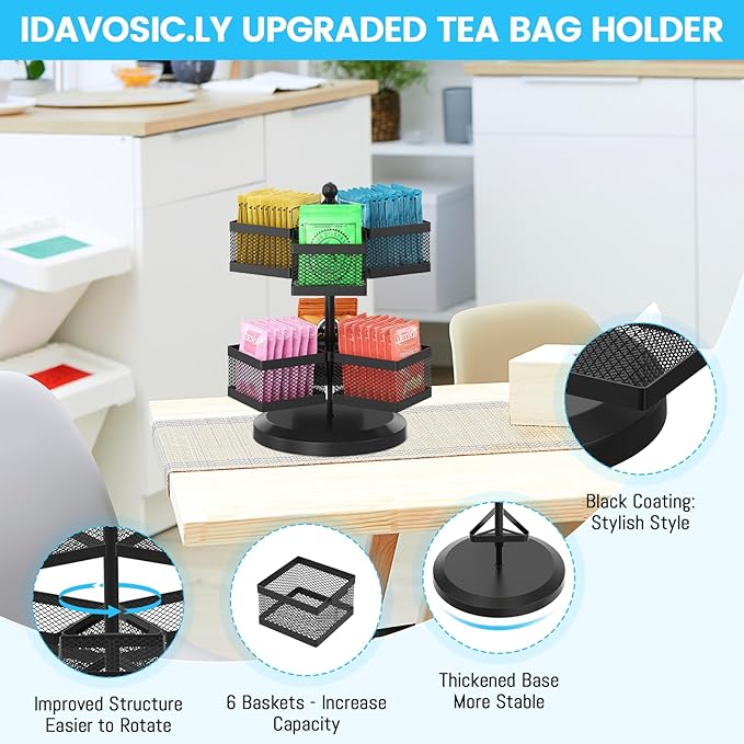 iDavosic.ly 2 Tier Tea Bag Organizer, Packet Storage Holder Spinning Carousel With 6 Compartments, Rotating Metal Caddy for Kitchen Counter Cabinet, Up to 72 Teabags Storage, Black