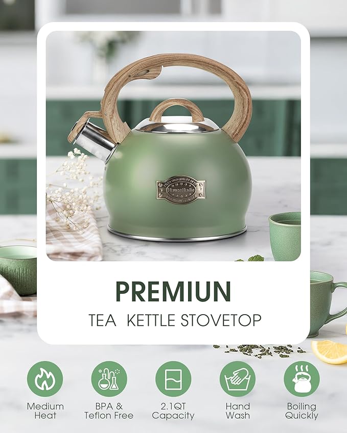 Tea Kettle Stovetop, 2.1 Quart Stove Top Whistling Tea Kettle, Teapot Kettles with Food Grade Stainless Steel and Wood Pattern Folding Handle