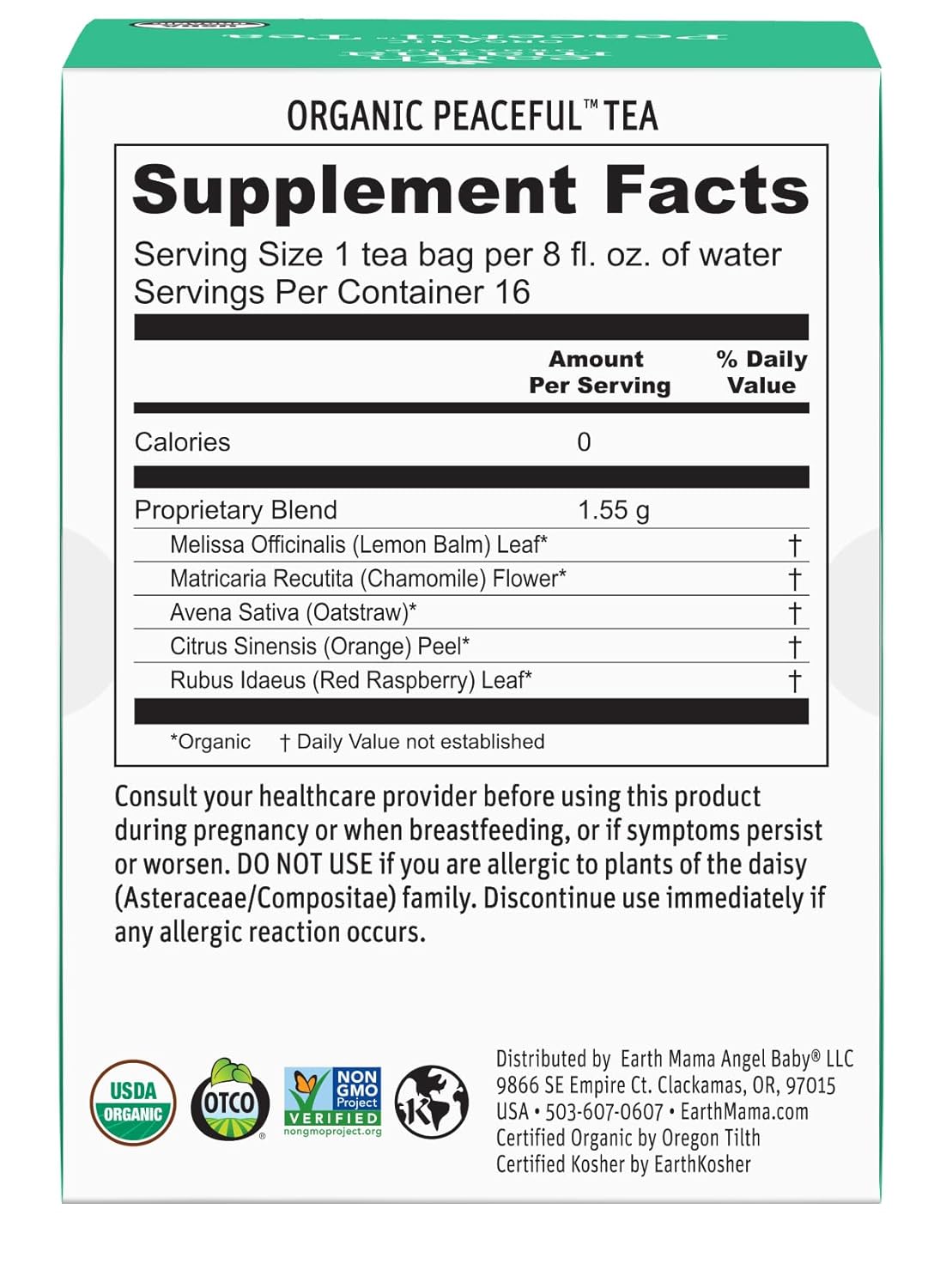 Earth Mama Organic Peaceful™ Tea | Stress Less! Calming, Relaxing Herbal Blend Safe for Pregnancy & Beyond, 16 Teabags Per Box (2-Pack)