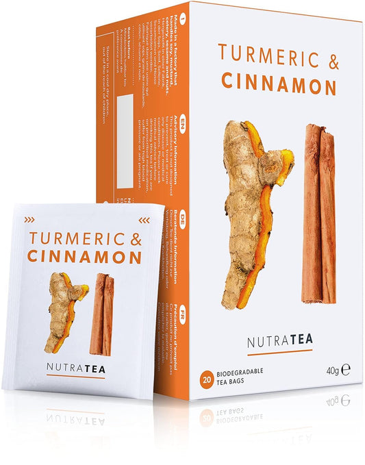 Nutra Tea - Turmeric &amp; Cinnamon Tea | Turmeric Tea - 20 Individually Wrapped, Reusable Teabags - Caffeine Free, All Natural Herbal Blend (1 Pack)