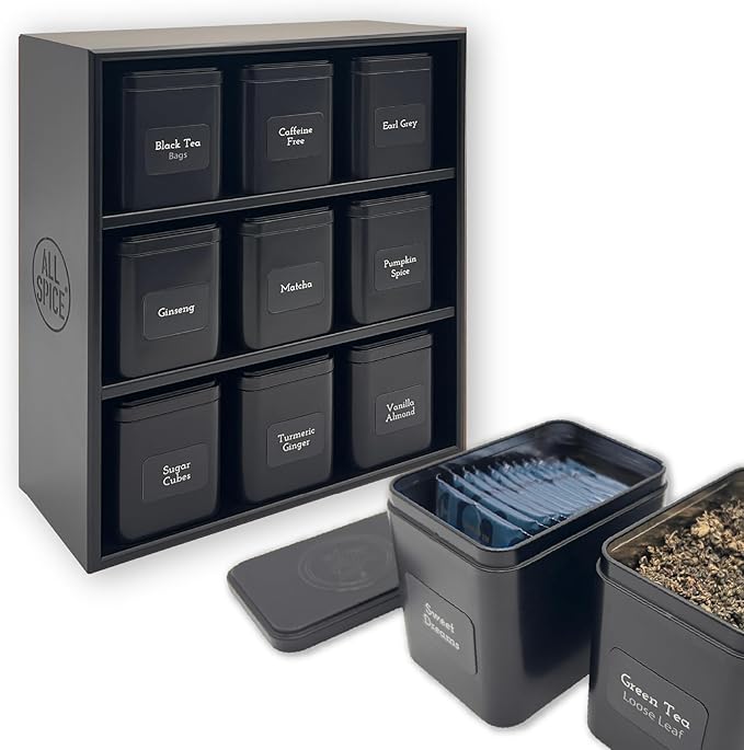 AllSpice Tea Organizer Rack with 9 Tins & 160 Magnetic Labels – Perfect for Bagged & Loose Leaf Tea 