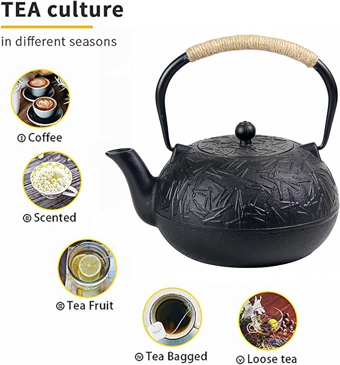 60.9oz YJX Cast Iron Teapot, Japanese Tetsubin Tea Kettle for Stovetop Safe, Cast Iron Tea Pot with Infuser for Loose Leaf, Black Kettle Teapot