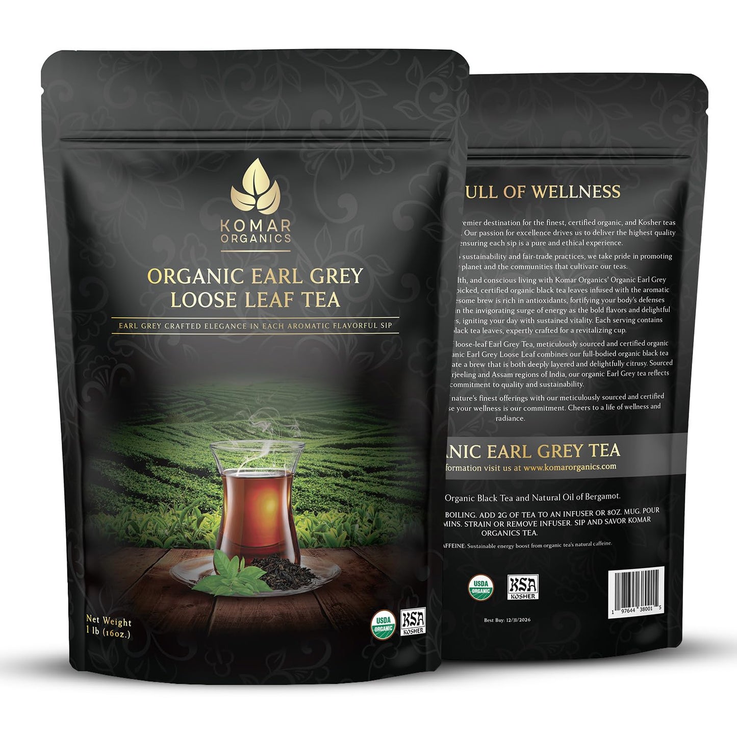 Komar Organics Earl Grey Tea Loose Leaf - 16 Oz USDA Organic, Certified Kosher 1 LB Black Tea Infused With Natural Oil and Bergamot