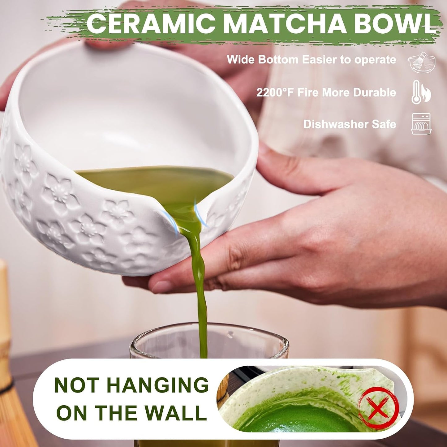 Matcha Whisk Set, Sakura White Ceramic Matcha Set Includes Matcha Bowl, Matcha Whisk (Chasen) and Holder, Sifter, Bamboo Scoop &amp; Spoon - 6 Pcs Matcha Kit for Matcha Lovers