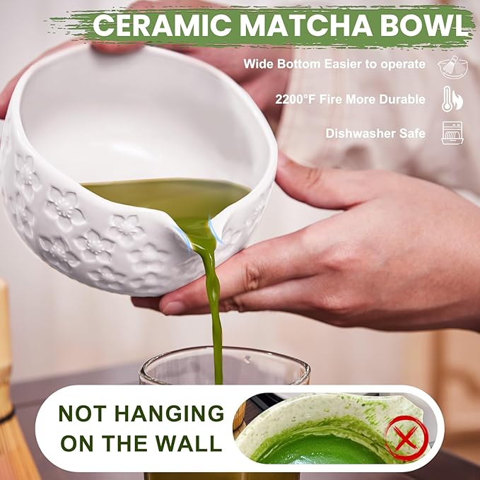 Matcha Whisk Set, Sakura White Ceramic Matcha Set Includes Matcha Bowl, Matcha Whisk (Chasen) and Holder, Sifter, Bamboo Scoop & Spoon