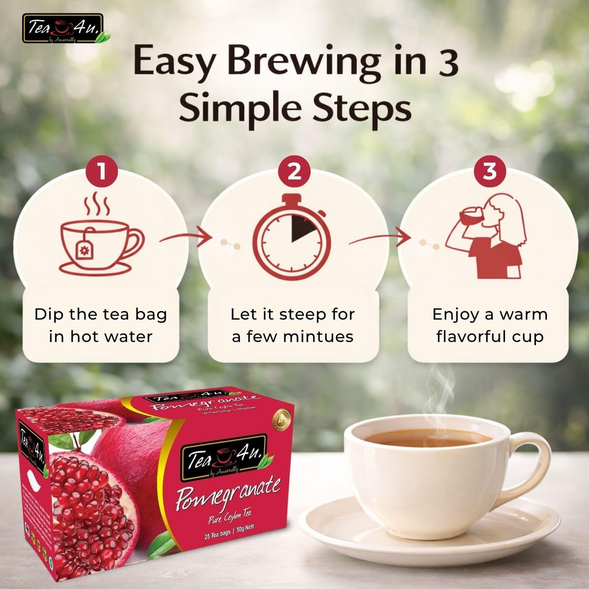 Tea4U Pomegranate Black Ceylon Tea Bags - Sri Lankan Blend - 25 Count