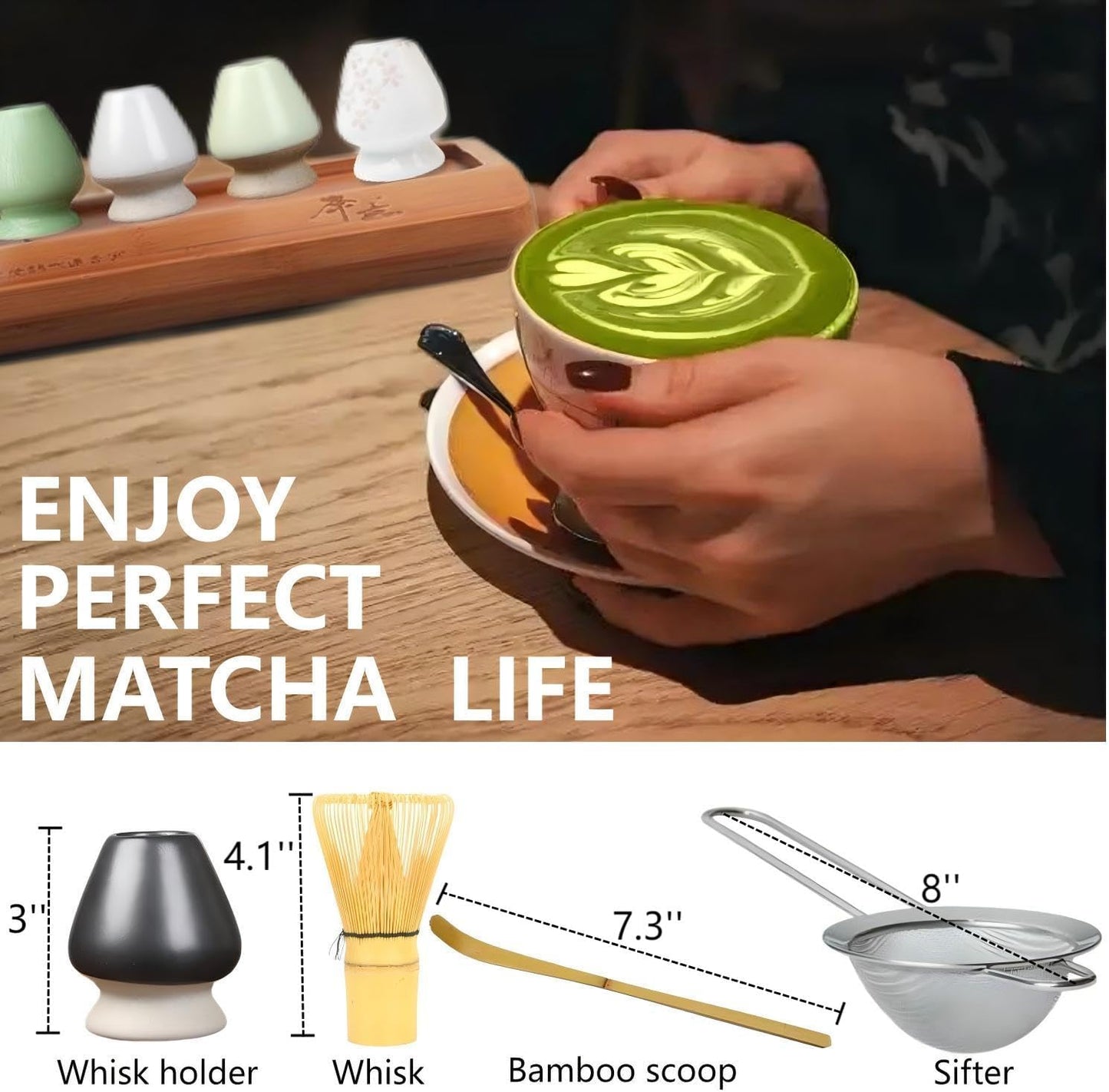 Matcha Tools ，Matcha Whisk Holder， Matcha Chasen Whisk Stand ，Ceramic Holder ，Matcha Bowl ，Traditional Japanese Tea Ceremony Starter (Fruit Green Ceramic Holder，Whisk ， 4 set)