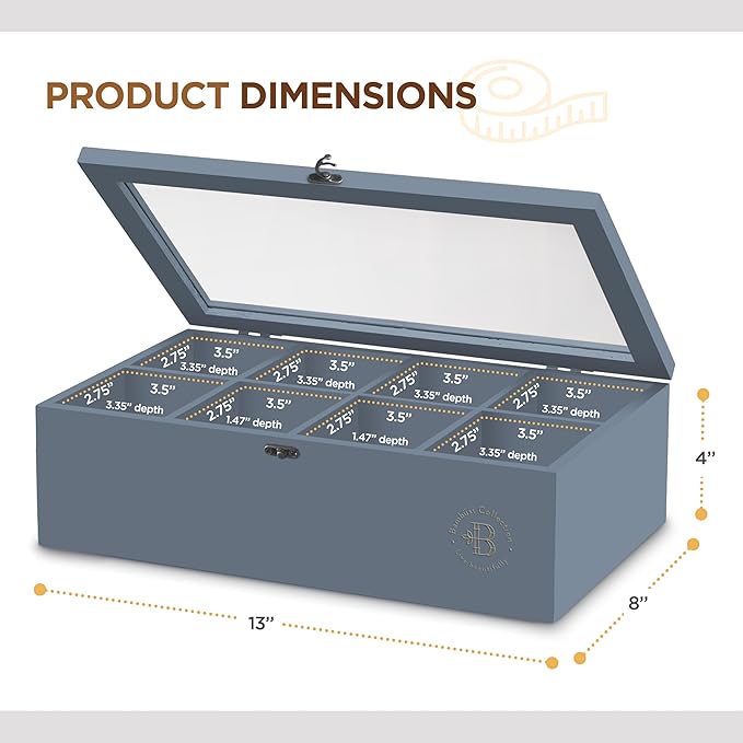 Tea Bag Organizer - Grey Bamboo Tea Box Organizer Storage Box, Tea Bag Holder with Acrylic Window, Magnetic Lid Keeps Tea Bags Fresh