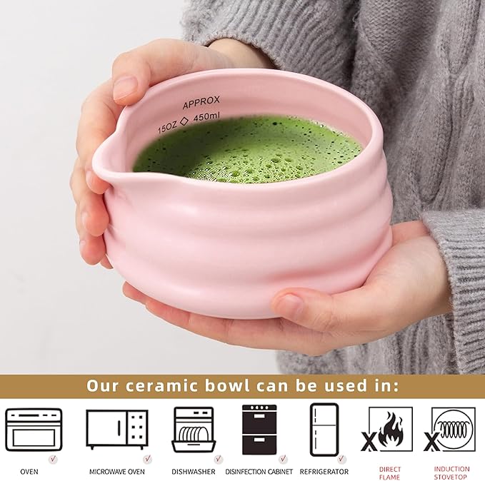 2pcs Matcha Bowl with Whisk Holder, Ceramic Pink Matcha Bowl with Spout, 16.5OZ Porcelain Bowl with Measurement Marks