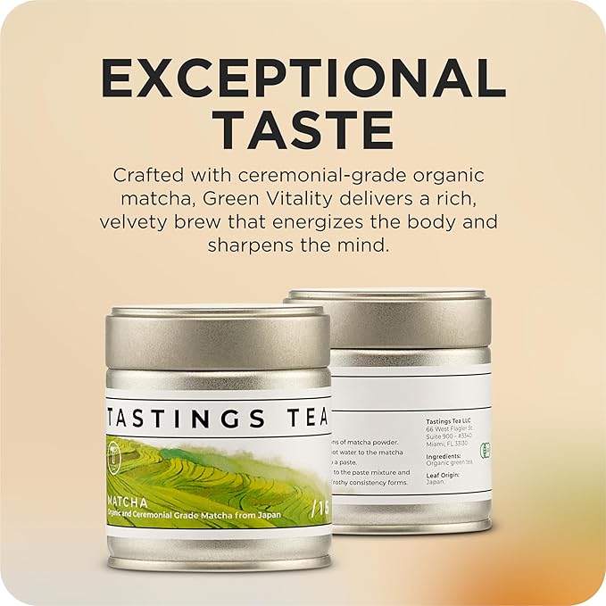 Tastings Tea Ceremonial Grade Matcha Powder | Organic Green Tea from Japan | JONA Organic Certified Japanese Drink in a Foil Bag & Reusable Gift Tin | Natural Caffeine with Antioxidants for Wellness
