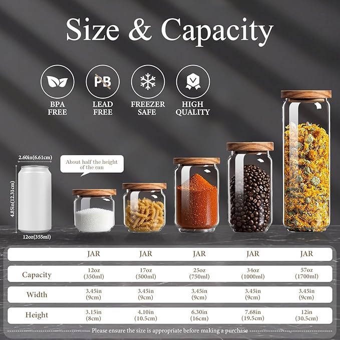 Glass Jars with Airtight Wood Lids - 12 oz Mini Kitchen Pantry Storage Containers, Stackable Decorative Canisters for Chia Seed, Sugar, Tea, Spice, Salt, Matcha, Nuts, Sauce, Cocoa powder, Set of 2