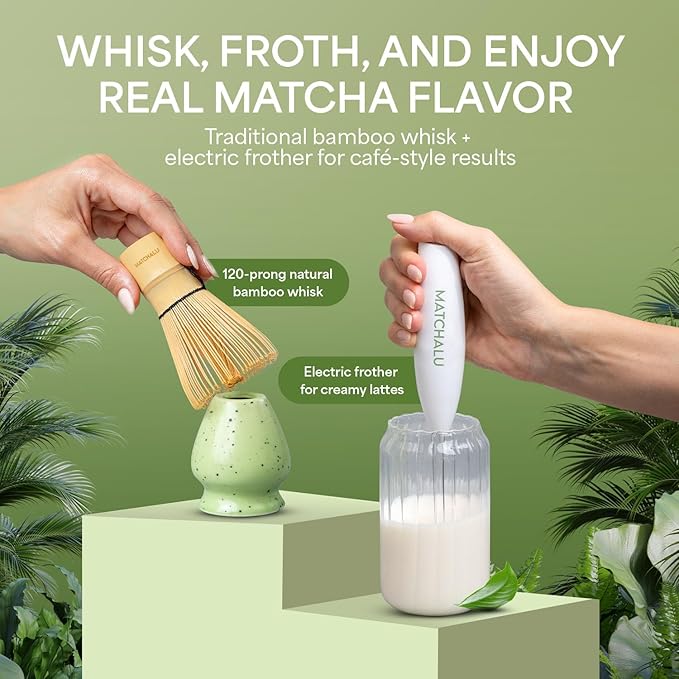 Matcha Whisk Set With Ceramic Matcha Bowl, Bamboo Whisk & Holder, Stainless Steel Spoon & Sifter, Glass Cup & Straw, Electric Frother, Storage Bag - Gift for Matcha Lovers (Premium 9-Piece Set Green)