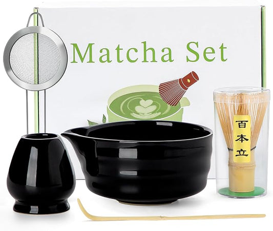 Black Matcha Whisk Set - 5PCS Matcha Set Includes 17OZ Chawan with Spout, Bamboo Chasen Whisk with Ceramic Holder, Wooden Scoop and Stainless Sifter, Matcha Kit for Ceremony, Gift for Matcha Lovers