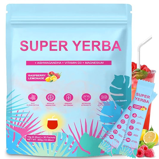 Super Yerba Mate, Yerba Mate Instant Tea Powder Raspberry Lemonade Instant Tea Powder Natural Energy & Focus, 30 Servings, Pink