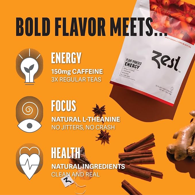 Zest 150mg High Caffeine Energy Leaf Blend - Spicy Masala Chai Black Tea - 20 Pack Bag