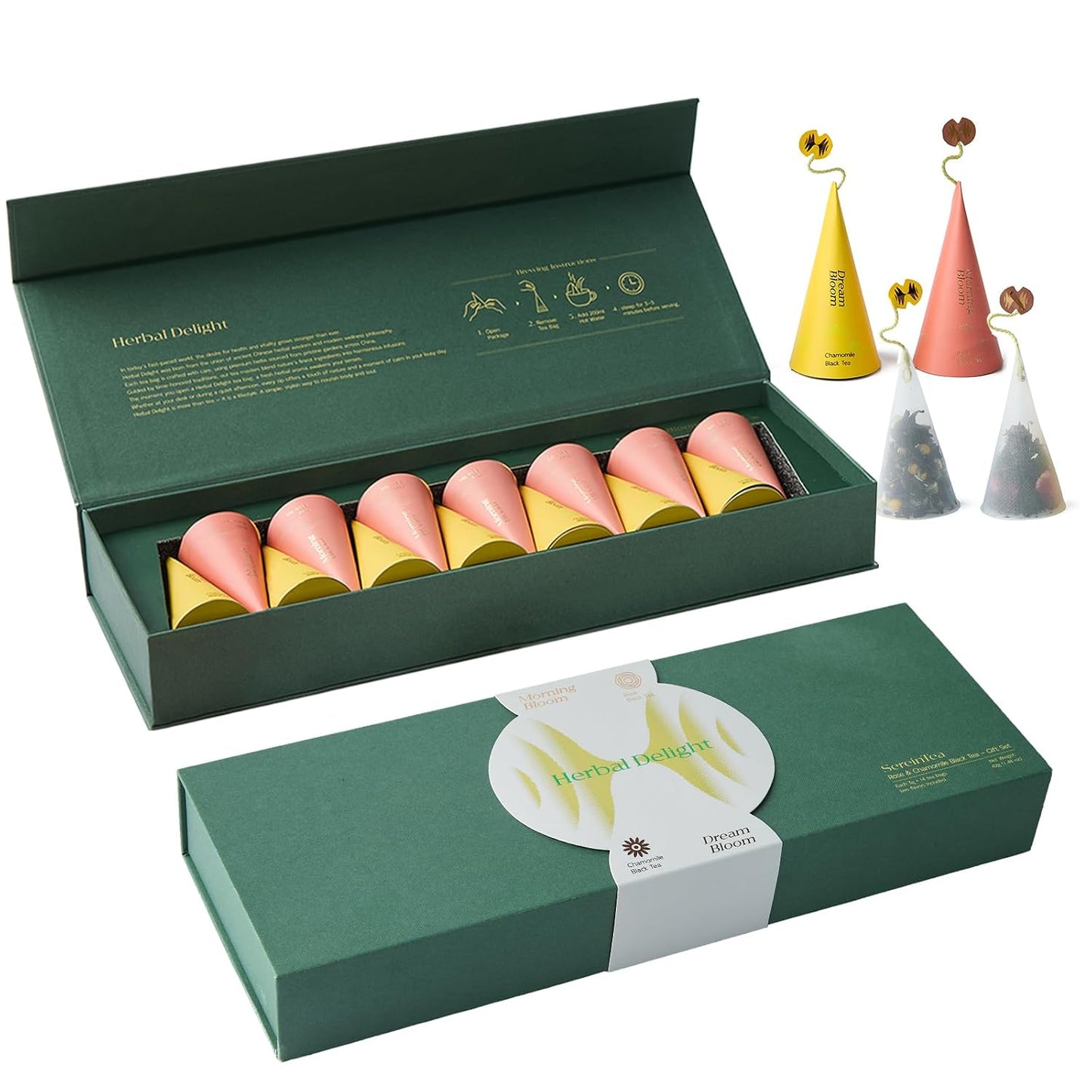 Herbal Delight Premium Tea Gift Set, 14 Individually Wrapped Pyramid Tea Bags, Chamomile & Rose Black Tea, Luxury Gift Box for Women, Birthday