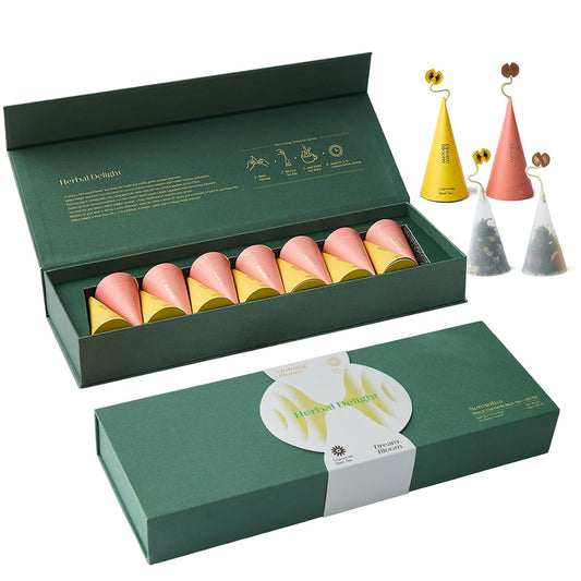 Herbal Delight Premium Tea Gift Set, 14 Individually Wrapped Pyramid Tea Bags, Chamomile & Rose Black Tea, Luxury Gift Box for Women, Birthday