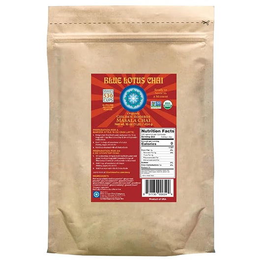 Blue Lotus Chai - Golden Rooibos Masala Chai - Makes 530 Cups - 1 Pound Bulk Bag Masala Spiced Chai Powder with Organic Spices - Instant Indian Tea No Steeping - No Gluten