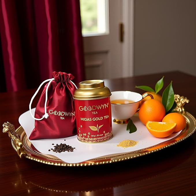 Goodwyn Edible Gold Loose Leaf Black Tea – 25 Cups (50g / 1.76 oz) Premium Assam Black Tea with Edible Gold Dust and Natural Bergamot Flavor, Medium Caffeine, Smooth Aromatic Blend in Reusable Tin, Luxury Gift-Ready Indian Chai