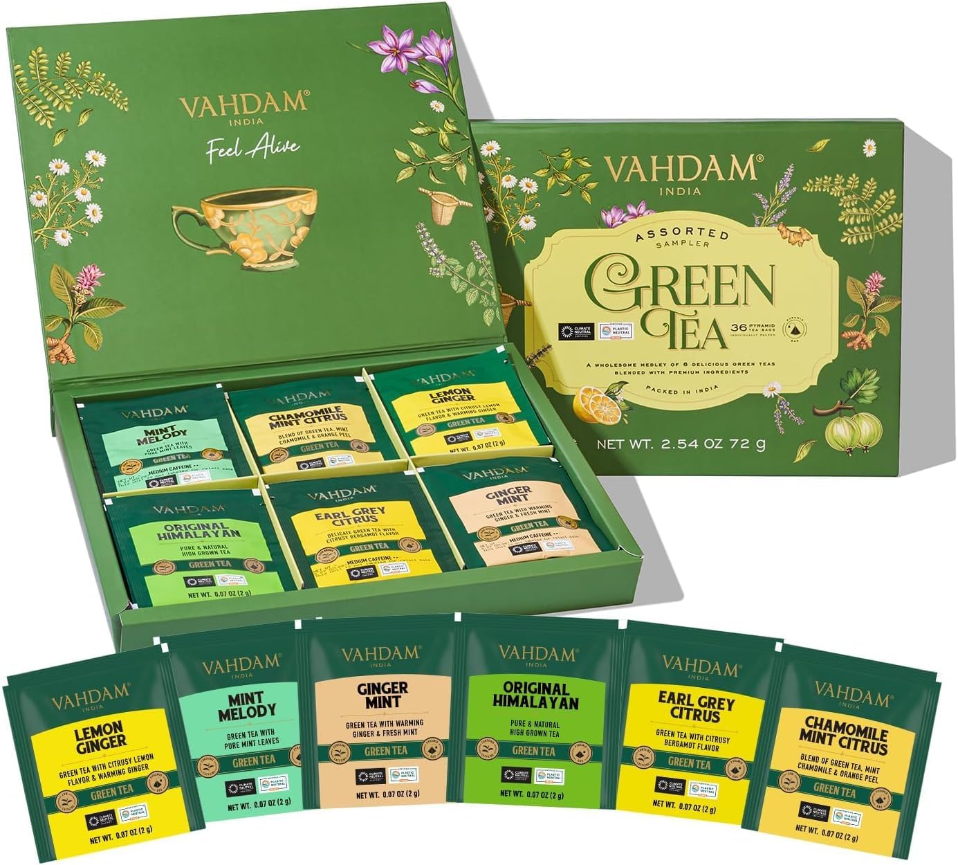 VAHDAM, Green Tea Variety Pack Sampler Assortment (36 Pyramid Tea Bags, 6 Flavor)