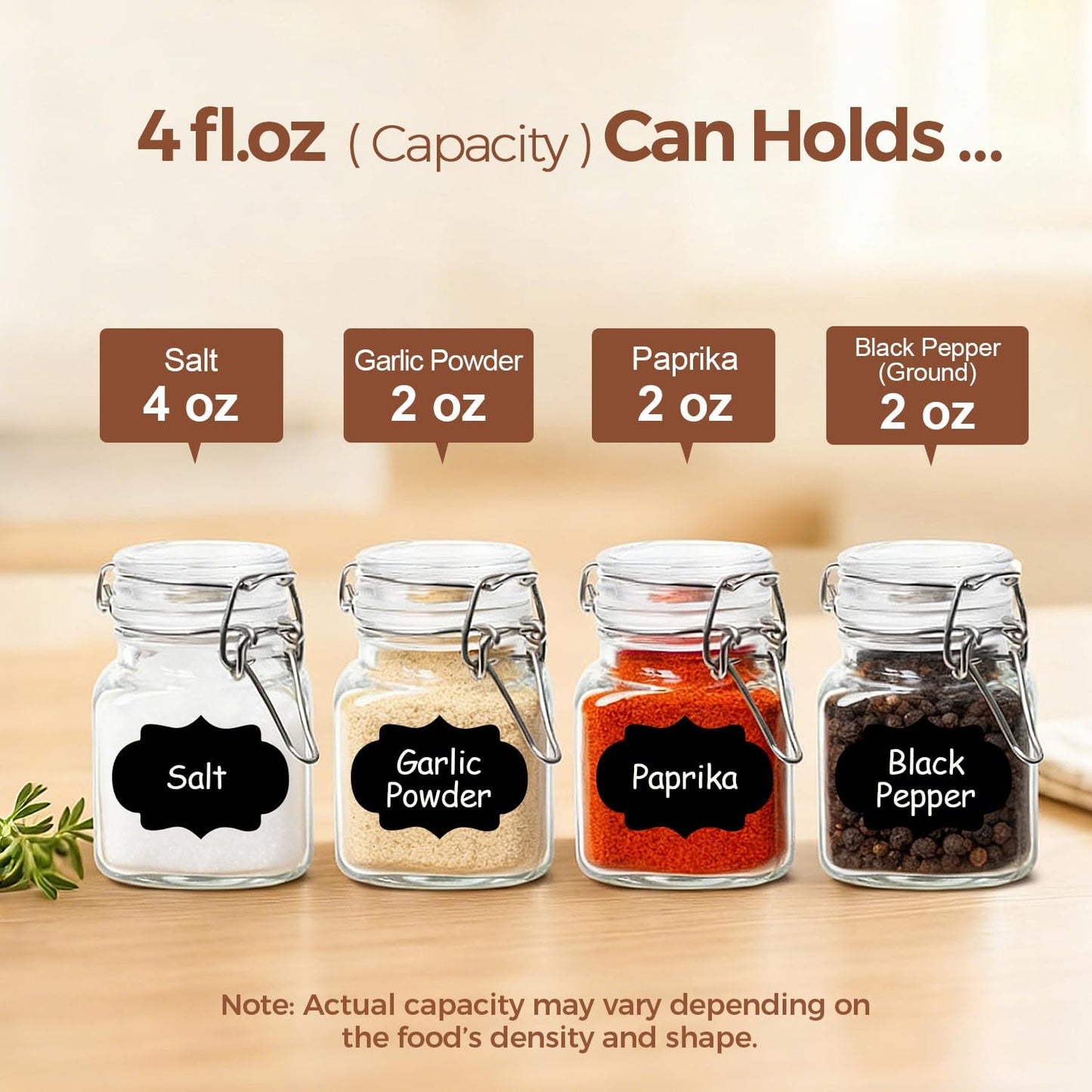 ComSaf Square Glass Spice Jars 4 oz 6 Pack with Labels and Funnel Set | Airtight clamp lids, eight labels, compact canisters for dried herbs, seasoning blends, seeds, tea, jam and organized refills