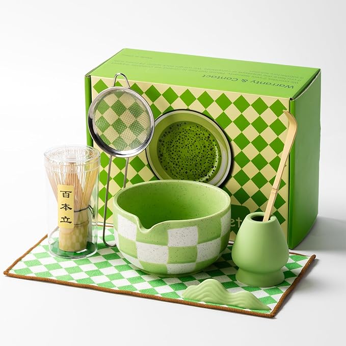 7pcs Traditional Matcha Tea Ceremony Set, green Ceramic Bowl with Bamboo Whisk, Holder and Strainer (Green grid) Elegant Matcha Set for Gifting and