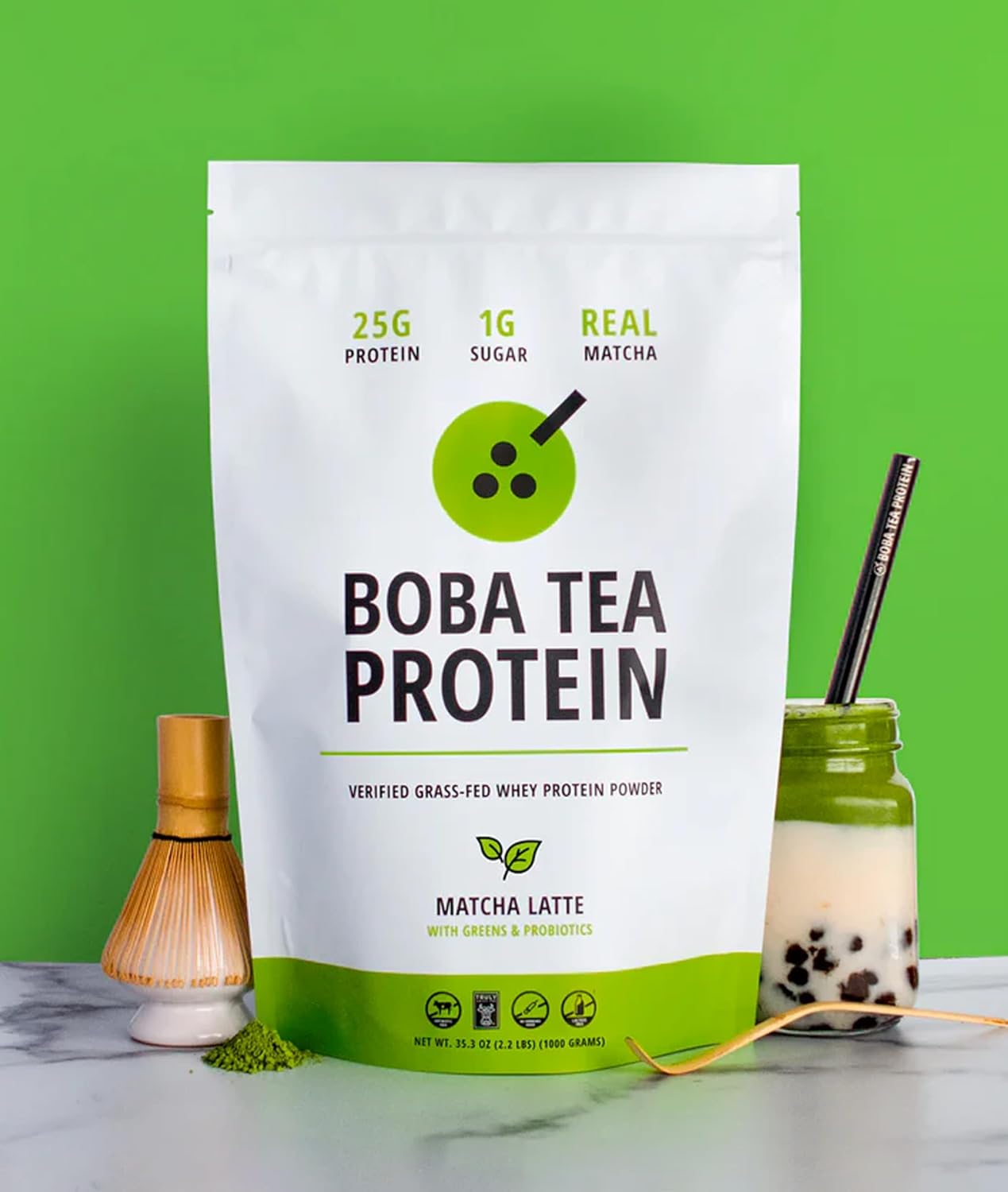 Boba Tea Protein Matcha Latte | 25g Grass-Fed Whey Protein Isolate Powder | Gluten-Free & Soy-Free Bubble Tea Protein Drink | Real Ingredients & Lactose-Free Protein Drink | 25 Servings