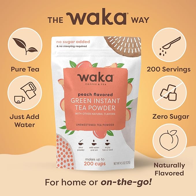 Waka Instant Green Tea Mix, Peach Flavored - 100% Tea Leaves, No Additives, Unsweetened Tea Powder in Bulk Pouch – Easy Quick Hot and Iced Teas, Up to 200 Cups (4.5oz)
