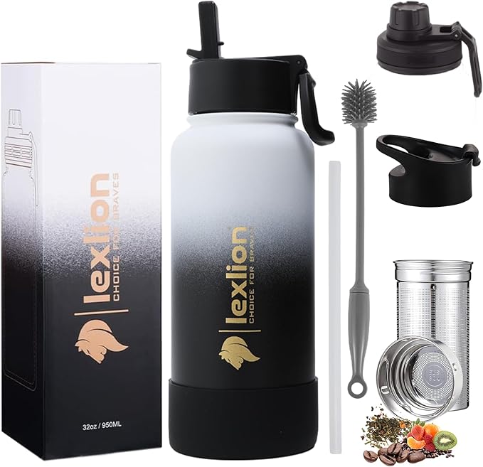 Lexlion Tea Infuser Water Bottle 32 Oz – Triple Wall Insulated Stainless Steel, Loose Leaf & Fruit Strainer, 3 Leakproof Lids