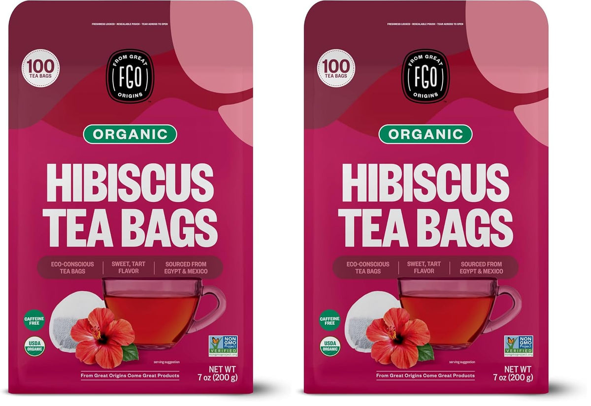 FGO Organic Hibiscus Tea, 100 Count Eco-Conscious Tea Bags, Pack of 2
