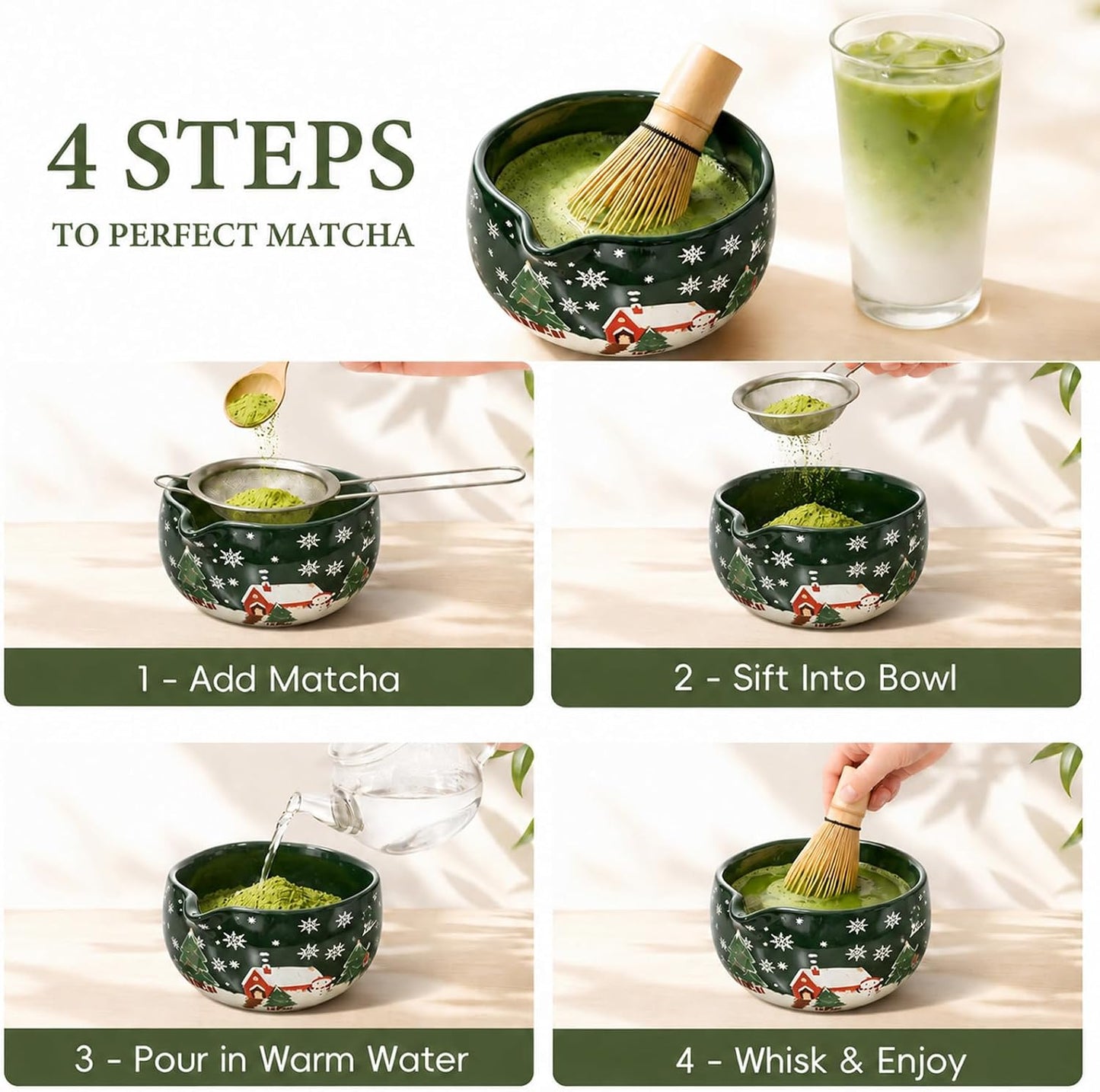 Matcha Whisk Set, Ceramic Matcha Set Includes Bowl &amp; Holder, Bamboo Whisk (Chasen), Scoop, Spoon and Sifter, 6Pcs Matcha Kit Covers Everything Needed for Making Matcha