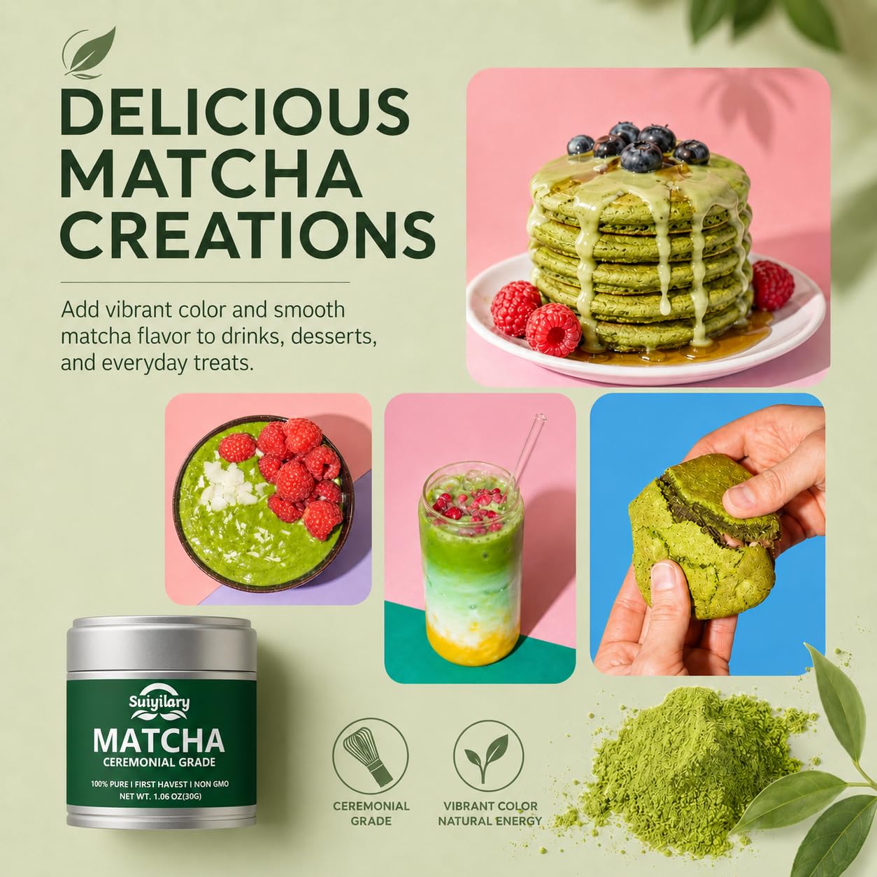Suiyilary Ceremonial Grade Matcha Powder, Premium First Harvest Green Tea Powder – 100% Pure Matcha Tea, Vegan, Gluten-Free, Sugar-Free with No Additives (30g/1.06oz)